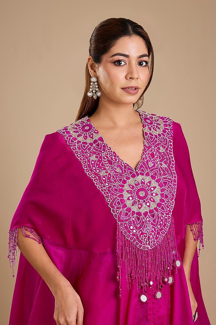 Rani Pink Dupion Silk Mirror Work Cape Set by Minaxi Dadoo at Pernia's Pop Up Shop