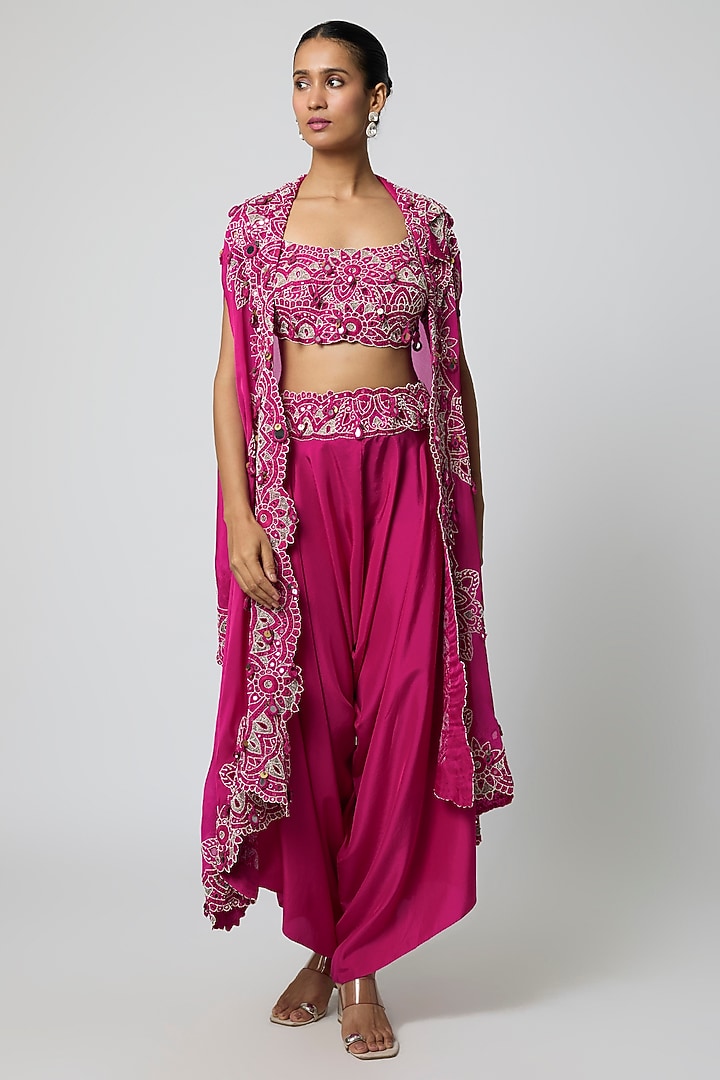 Rani Pink Organza Mirror Work Butterfly Cape Set by Minaxi Dadoo at Pernia's Pop Up Shop