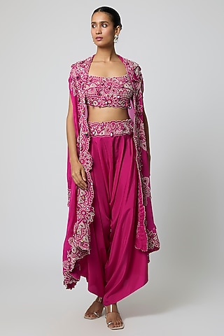 Rani Pink Organza Mirror Work Butterfly Cape Set by Minaxi Dadoo