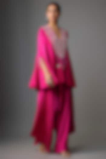 Rani Pink Dupion Silk Mirror Embroidered Cape Set by Minaxi Dadoo at Pernia's Pop Up Shop