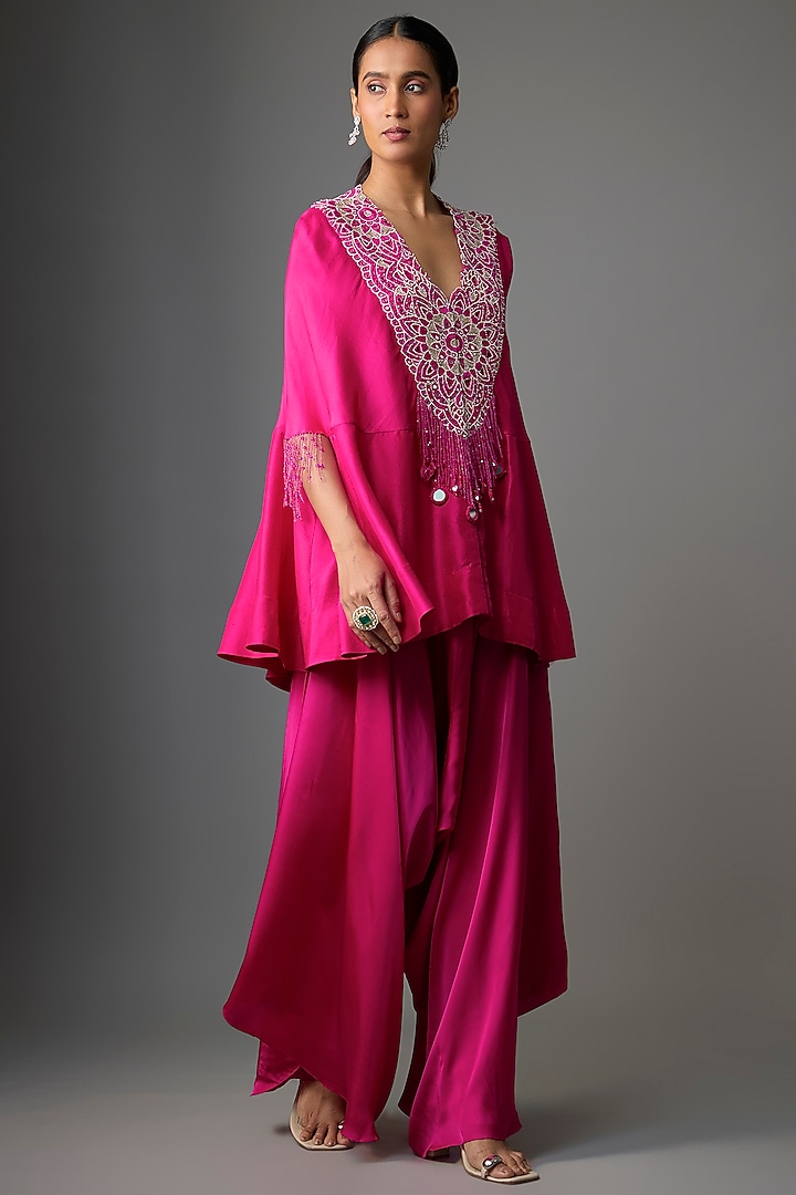 Rani Pink Dupion Silk Mirror Embroidered Cape Set by Minaxi Dadoo at Pernia's Pop Up Shop