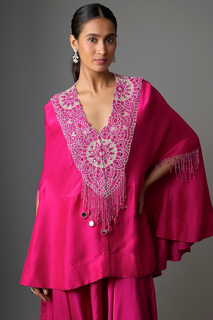 Rani Pink Dupion Silk Mirror Embroidered Cape Set by Minaxi Dadoo at Pernia's Pop Up Shop