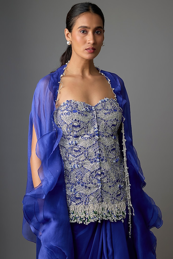 Blue Organza Embroidered Cape Set by Minaxi Dadoo at Pernia's Pop Up Shop