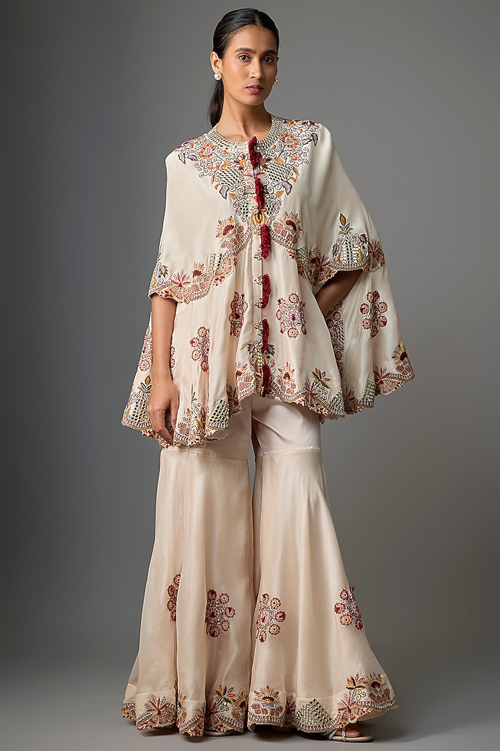 Beige Silk & Organza Embroidered Gharara Set by Minaxi Dadoo at Pernia's Pop Up Shop