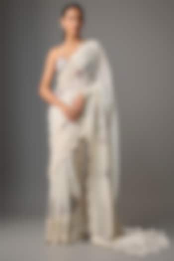 Beige Silk Thread Embroidered Reception Saree Set by Minaxi Dadoo at Pernia's Pop Up Shop