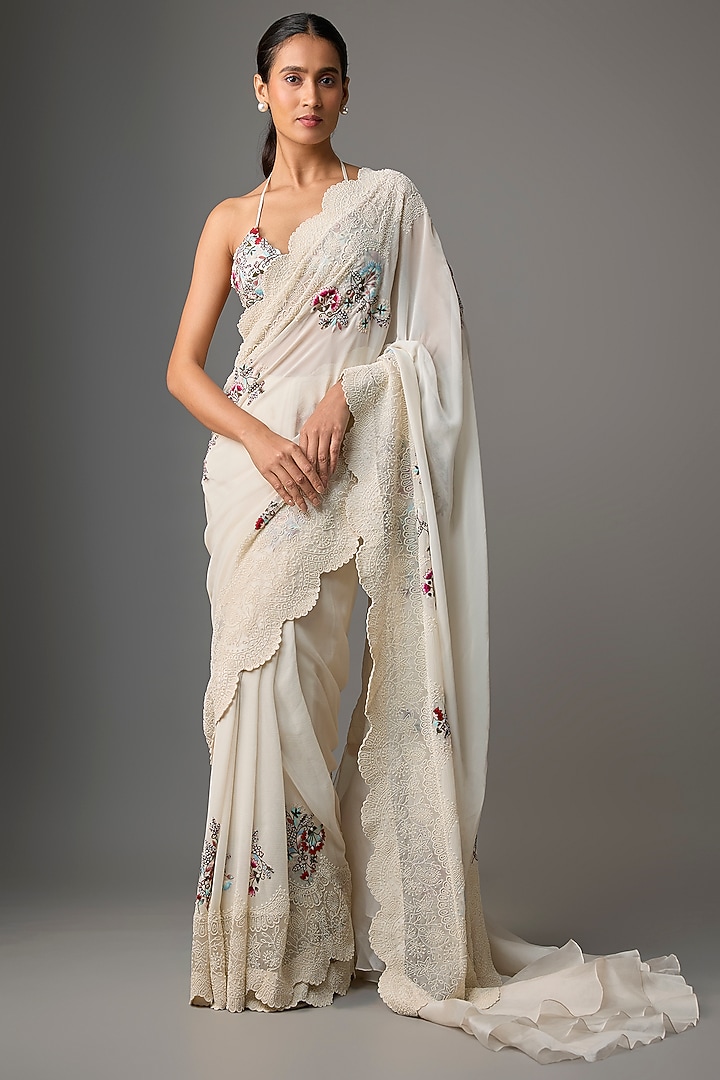 Beige Silk Thread Embroidered Reception Saree Set by Minaxi Dadoo at Pernia's Pop Up Shop