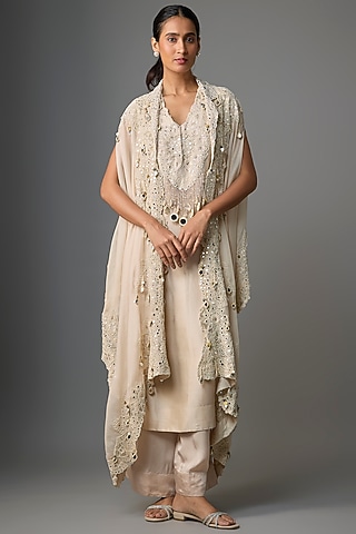 Beige Silk & Organza Thread Embroidered Kurta Set by Minaxi Dadoo