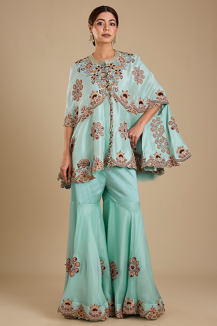 Powder Blue Silk & Organza Gharara Set by Minaxi Dadoo at Pernia's Pop Up Shop