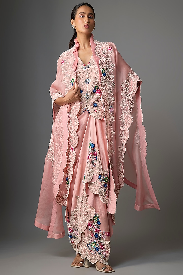 Pink Silk & Organza Thread Embroidered Butterfly Cape Set by Minaxi Dadoo at Pernia's Pop Up Shop