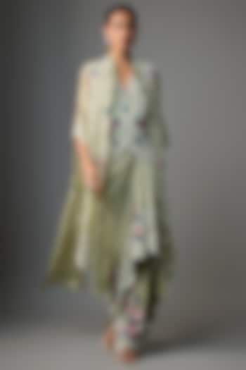 Green Silk & Organza Thread Embroidered Butterfly Cape Set by Minaxi Dadoo at Pernia's Pop Up Shop