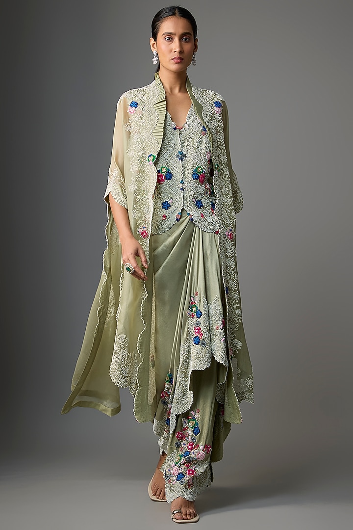 Green Silk & Organza Thread Embroidered Butterfly Cape Set by Minaxi Dadoo at Pernia's Pop Up Shop
