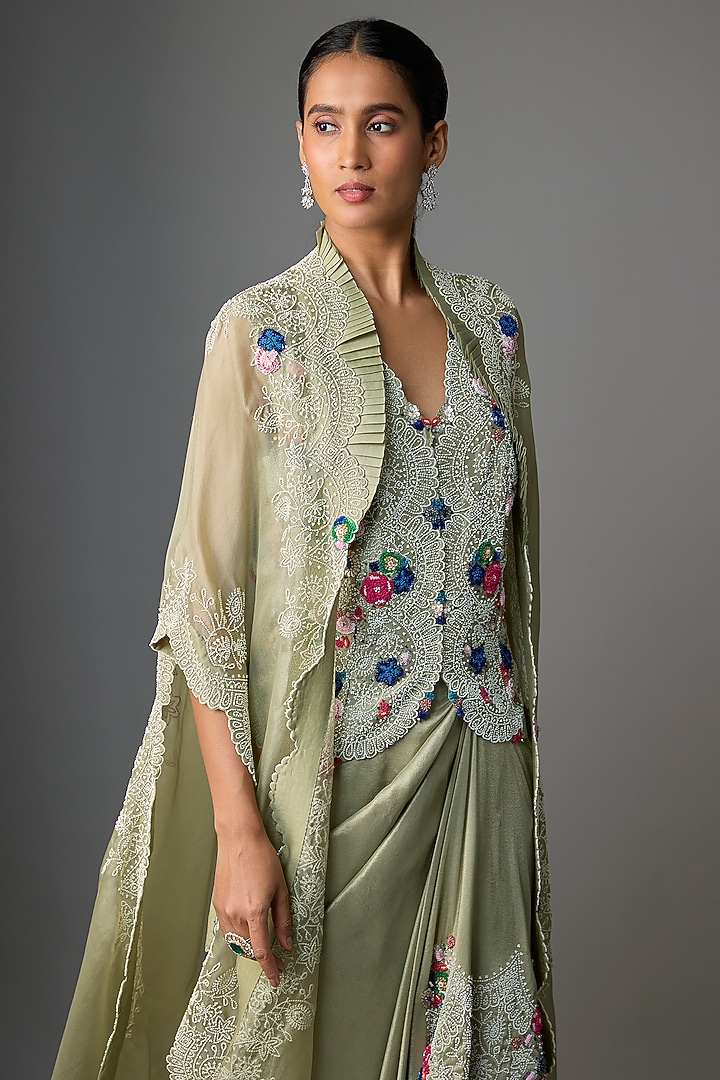Green Silk & Organza Thread Embroidered Butterfly Cape Set by Minaxi Dadoo at Pernia's Pop Up Shop