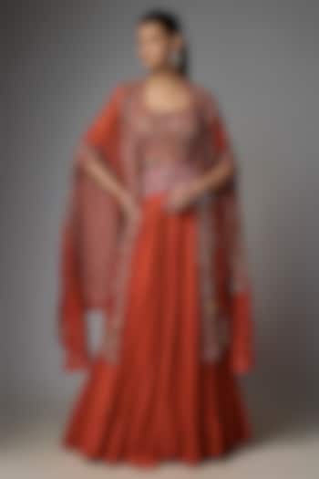 Red Chanderi & Organza Embroidered Jacket Bridal Lehenga Set by Minaxi Dadoo at Pernia's Pop Up Shop