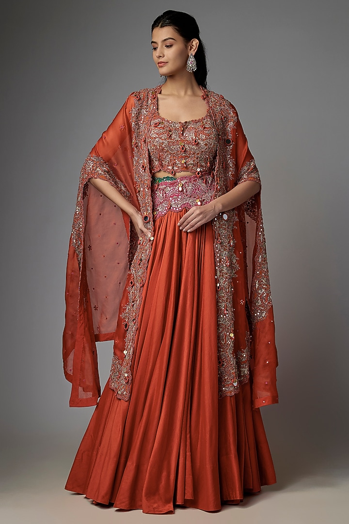 Red Chanderi & Organza Embroidered Jacket Bridal Lehenga Set by Minaxi Dadoo at Pernia's Pop Up Shop