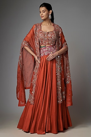 Red Chanderi & Organza Embroidered Jacket Lehenga Set by Minaxi Dadoo