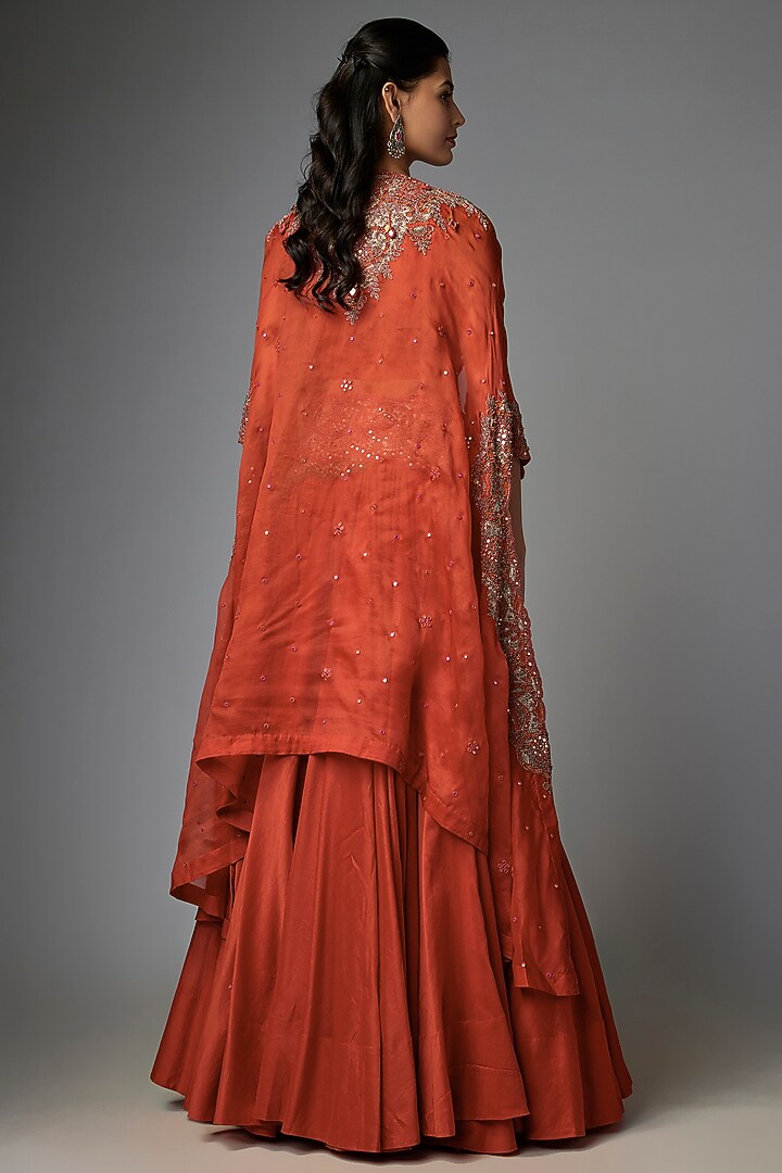 Red Chanderi & Organza Embroidered Jacket Bridal Lehenga Set by Minaxi Dadoo at Pernia's Pop Up Shop