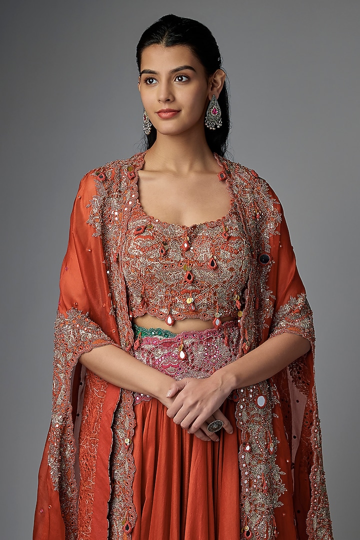 Red Chanderi & Organza Embroidered Jacket Bridal Lehenga Set by Minaxi Dadoo at Pernia's Pop Up Shop