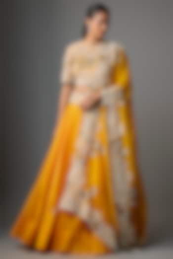 Yellow Chanderi & Organza Embroidered Bridal Lehenga Set by Minaxi Dadoo at Pernia's Pop Up Shop