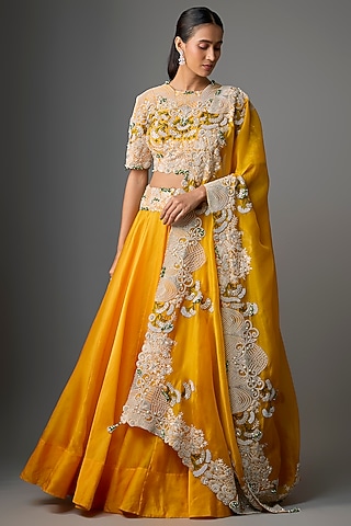Yellow Chanderi & Organza Embroidered Lehenga Set by Minaxi Dadoo