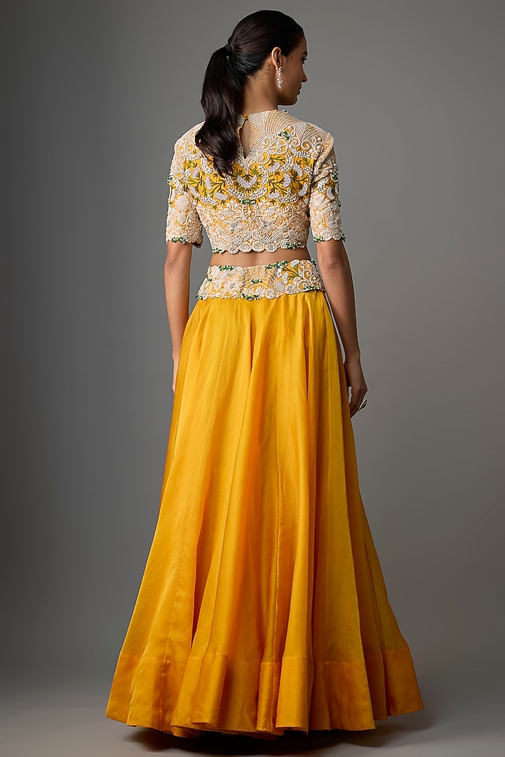 Yellow Chanderi & Organza Embroidered Bridal Lehenga Set by Minaxi Dadoo at Pernia's Pop Up Shop