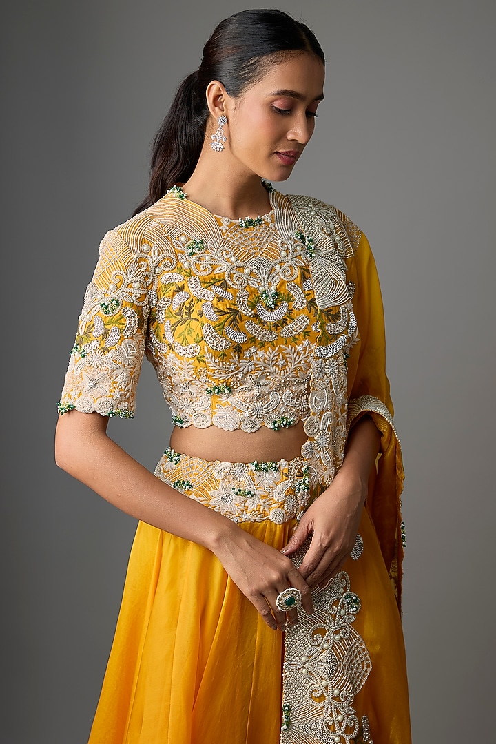 Yellow Chanderi & Organza Embroidered Bridal Lehenga Set by Minaxi Dadoo at Pernia's Pop Up Shop