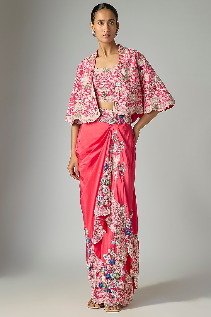 Pink Dupion Silk Embroidered Pick-Up Skirt Set by Minaxi Dadoo at Pernia's Pop Up Shop