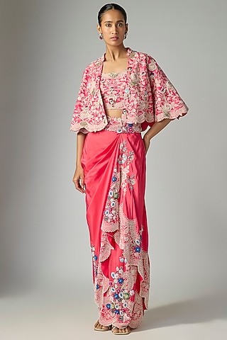 Pink Dupion Silk Embroidered Pick-Up Skirt Set by Minaxi Dadoo
