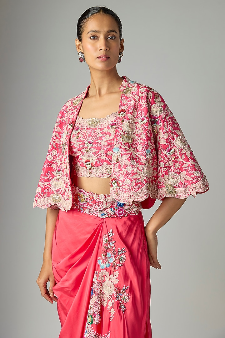 Pink Dupion Silk Embroidered Pick-Up Skirt Set by Minaxi Dadoo at Pernia's Pop Up Shop