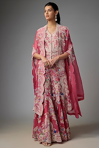 Red Silk & Organza Embroidered Gharara Set by Minaxi Dadoo