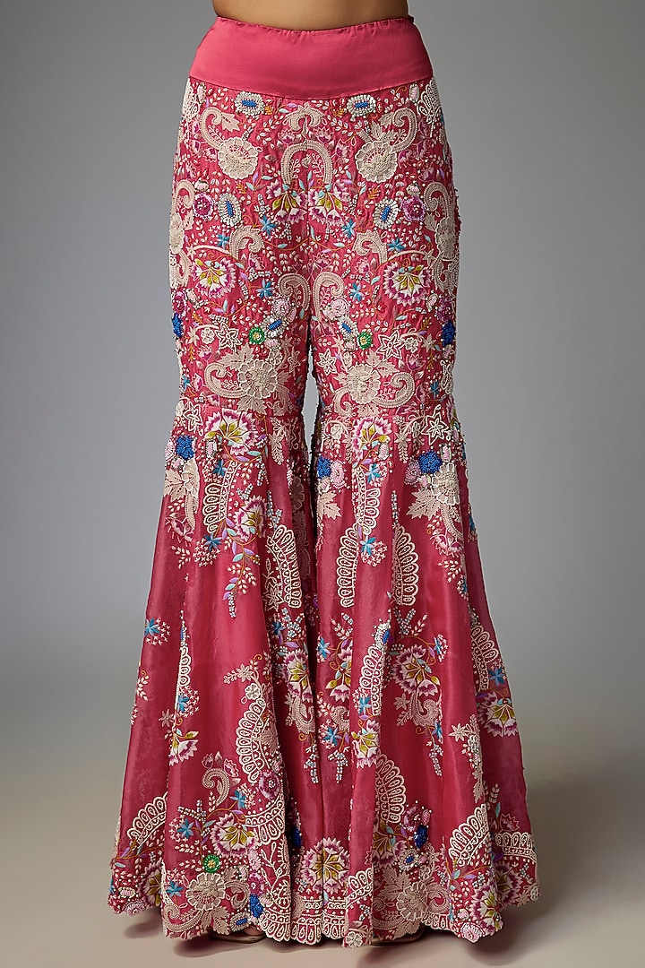 Red Silk & Organza Embroidered Gharara Set by Minaxi Dadoo at Pernia's Pop Up Shop