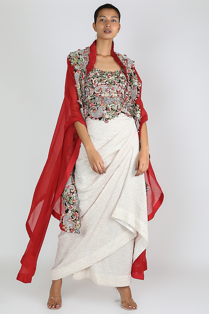 Red & Ivory Embroidered Cape Set by Minaxi Dadoo at Pernia's Pop Up Shop