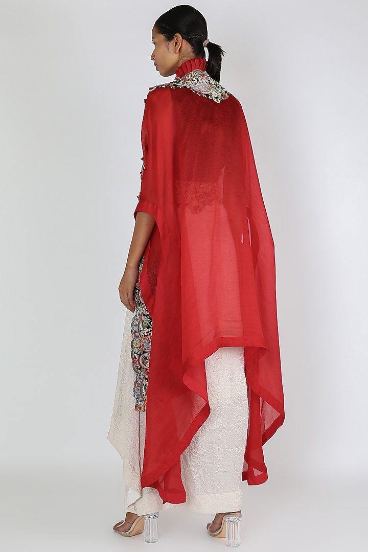Red & Ivory Embroidered Cape Set by Minaxi Dadoo at Pernia's Pop Up Shop