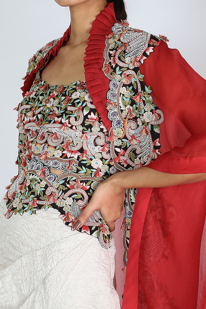 Red & Ivory Embroidered Cape Set by Minaxi Dadoo at Pernia's Pop Up Shop