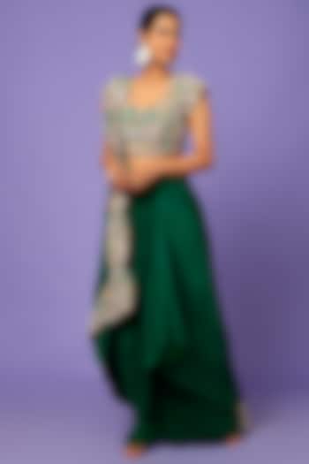 Green Dupion Silk Draped Saree Set by Minaxi Dadoo