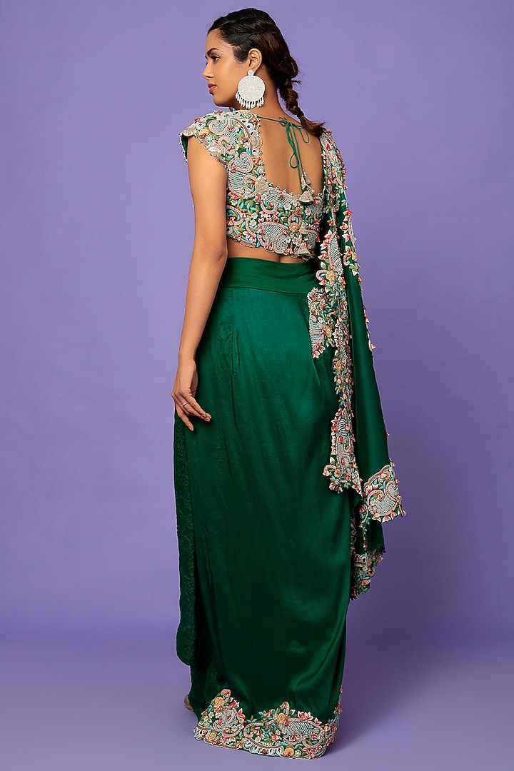 Green Dupion Silk Draped Reception Saree Set by Minaxi Dadoo at Pernia's Pop Up Shop