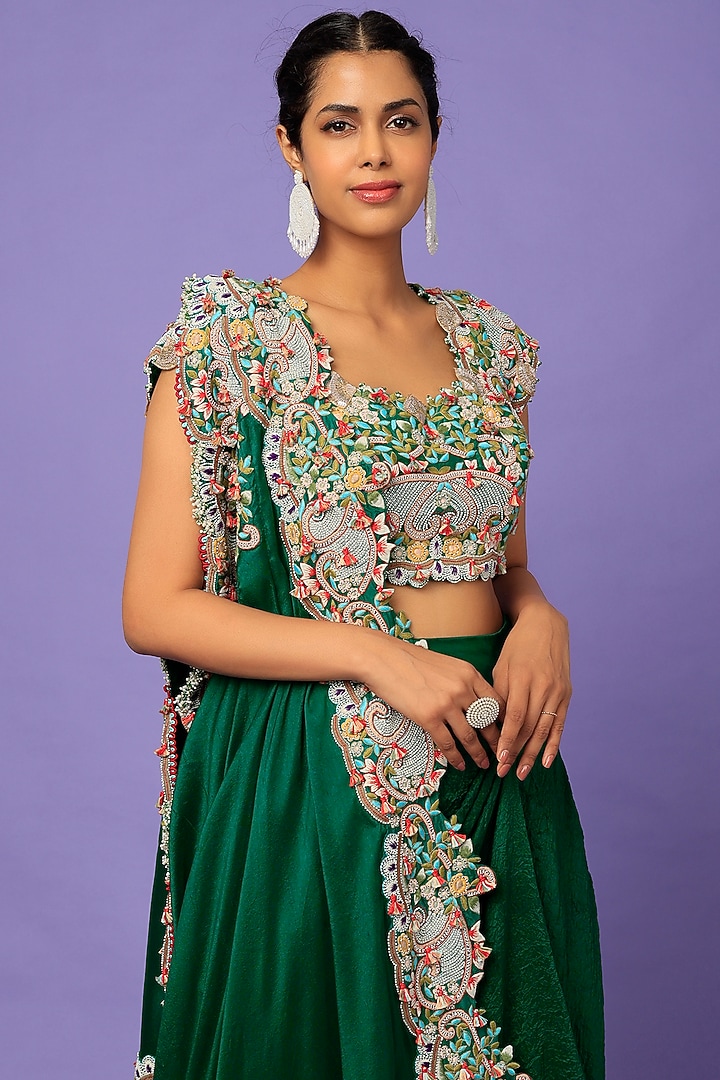 Green Dupion Silk Draped Reception Saree Set by Minaxi Dadoo at Pernia's Pop Up Shop
