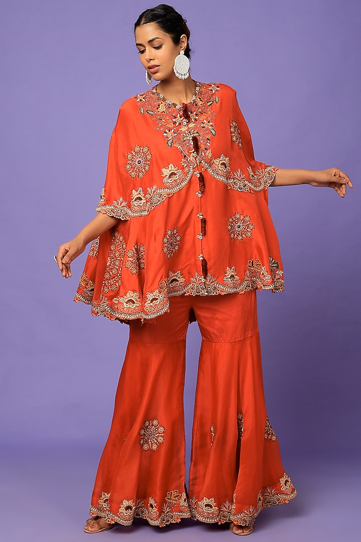 Rust Orange Dupion Silk & Organza Embroidered Cape Set by Minaxi Dadoo at Pernia's Pop Up Shop