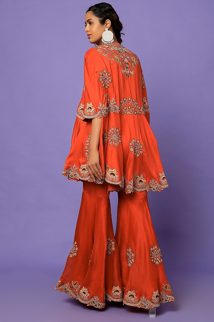 Rust Orange Dupion Silk & Organza Embroidered Cape Set by Minaxi Dadoo at Pernia's Pop Up Shop