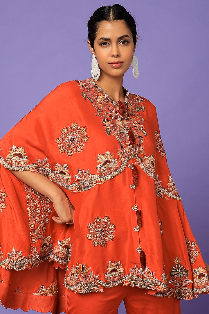 Rust Orange Dupion Silk & Organza Embroidered Cape Set by Minaxi Dadoo at Pernia's Pop Up Shop