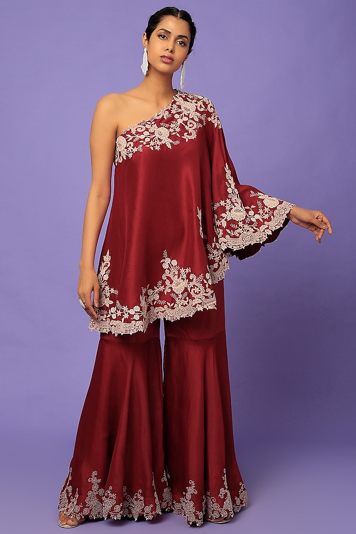 Maroon Dupion Silk Gharara Set by Minaxi Dadoo at Pernia's Pop Up Shop