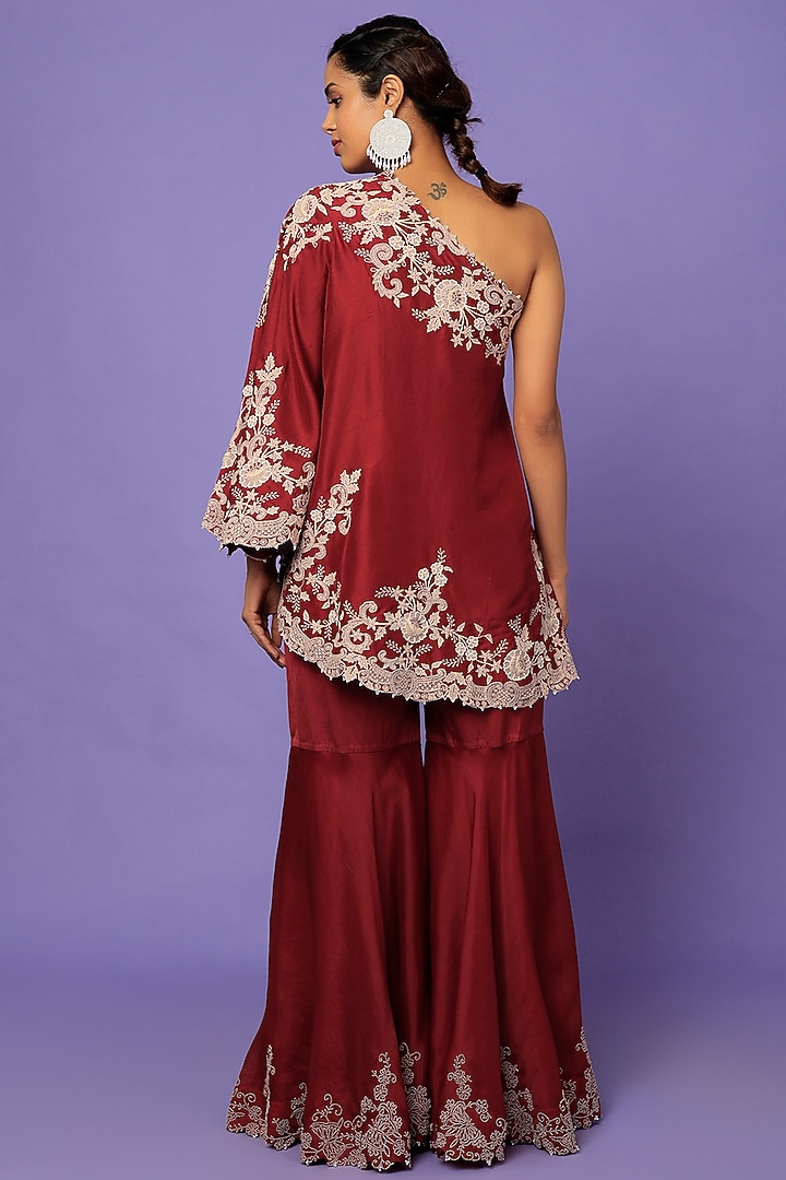 Maroon Dupion Silk Gharara Set by Minaxi Dadoo at Pernia's Pop Up Shop