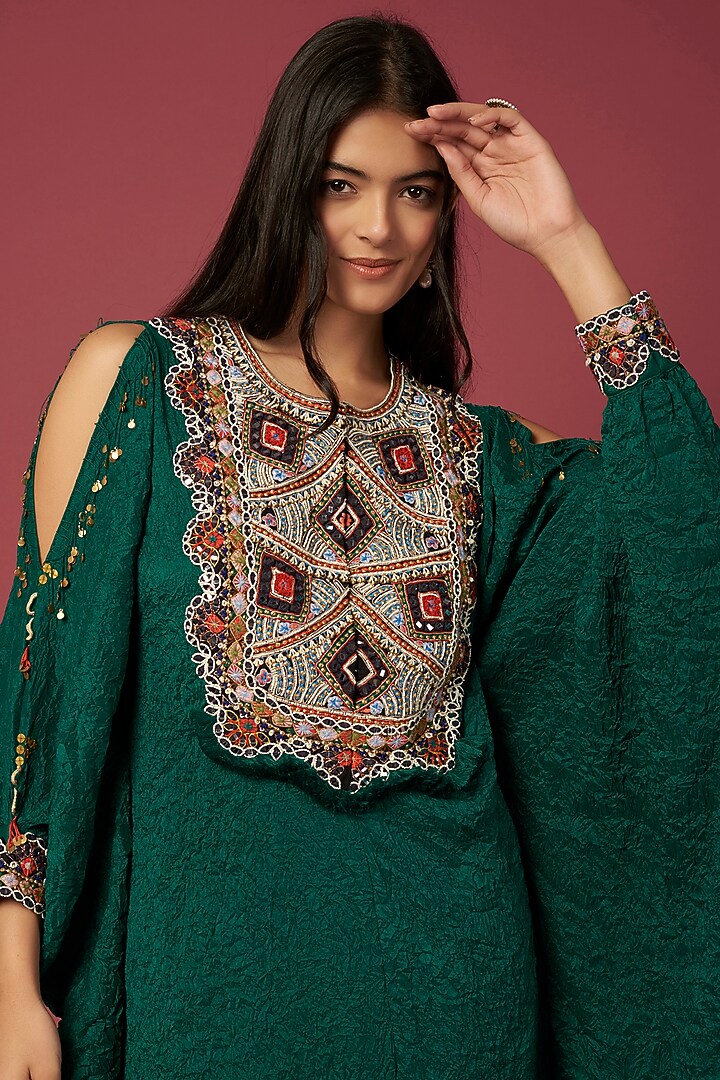 Green Dupion Silk Embroidered Kaftan Set by Minaxi Dadoo at Pernia's Pop Up Shop