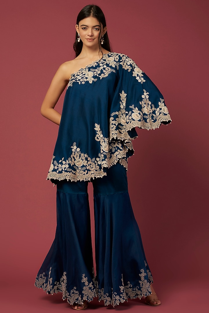 Peacock Blue Organza Gharara Pants by Minaxi Dadoo at Pernia's Pop Up Shop