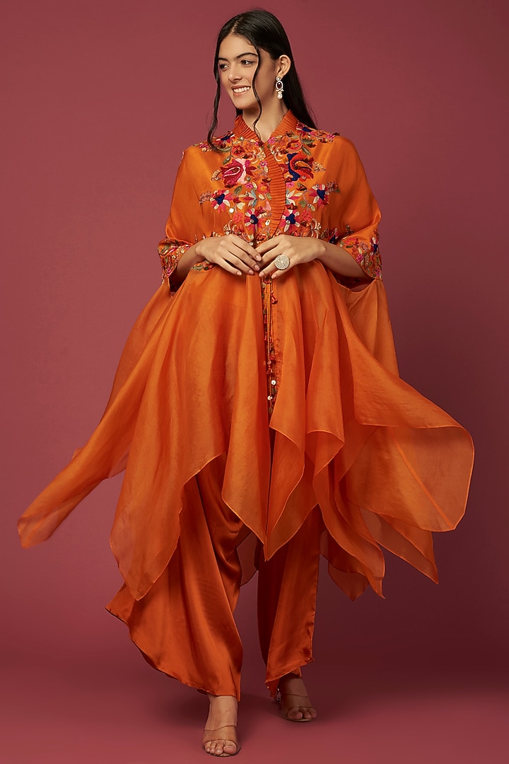 Rust Orange Silk Embroidered Cape Set by Minaxi Dadoo at Pernia's Pop Up Shop