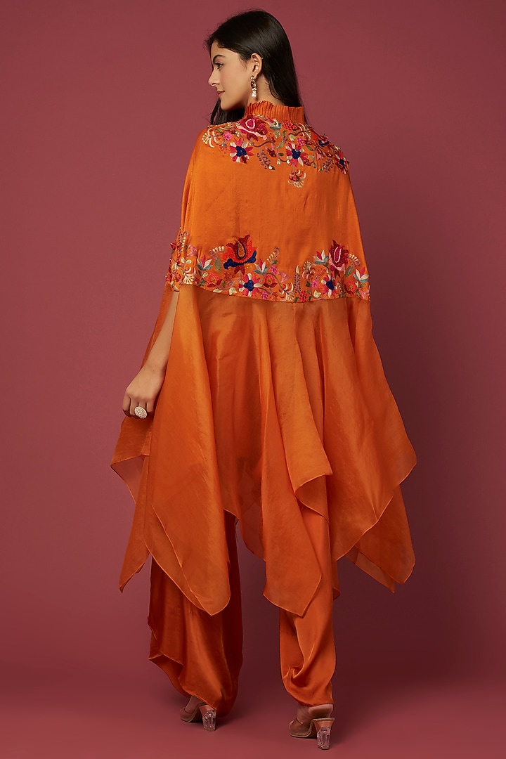 Rust Orange Silk Embroidered Cape Set by Minaxi Dadoo at Pernia's Pop Up Shop