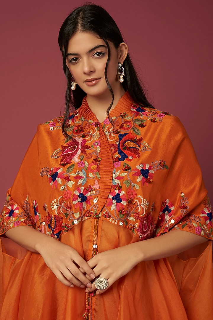 Rust Orange Silk Embroidered Cape Set by Minaxi Dadoo at Pernia's Pop Up Shop