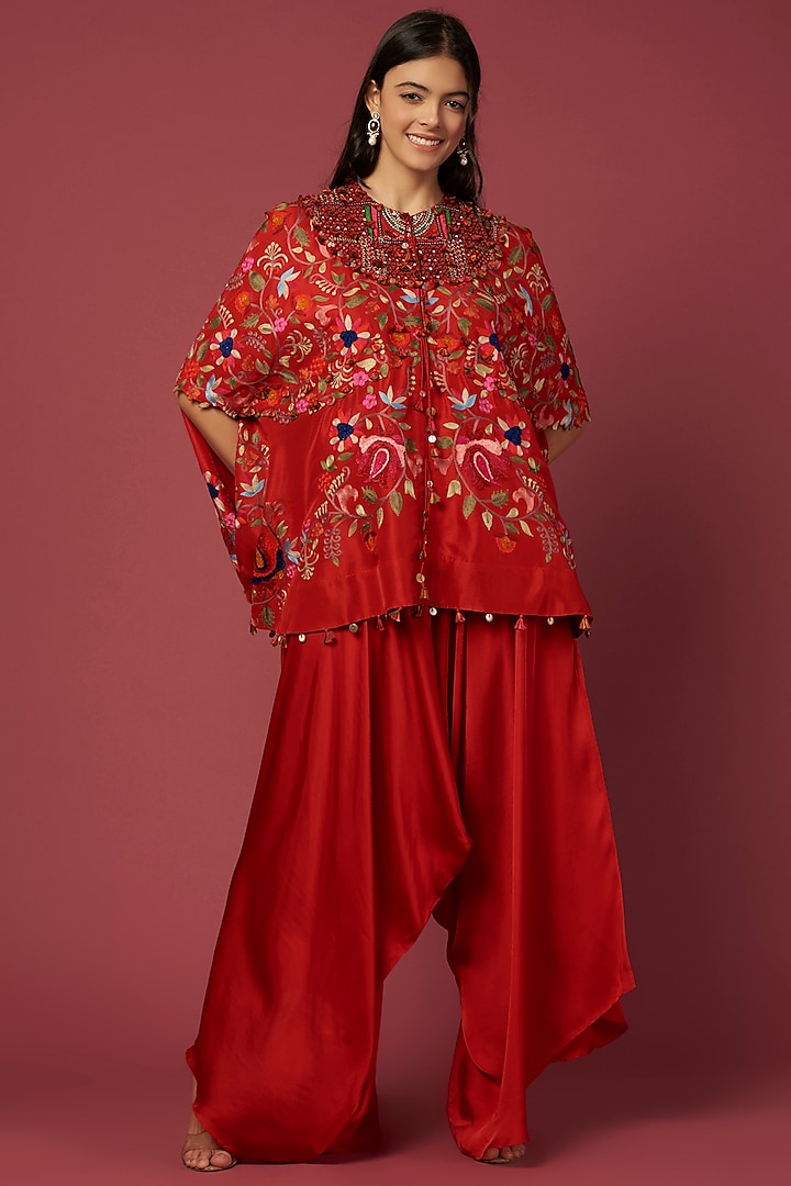 Red Dupion & Silk Embroidered Cape Set by Minaxi Dadoo at Pernia's Pop Up Shop