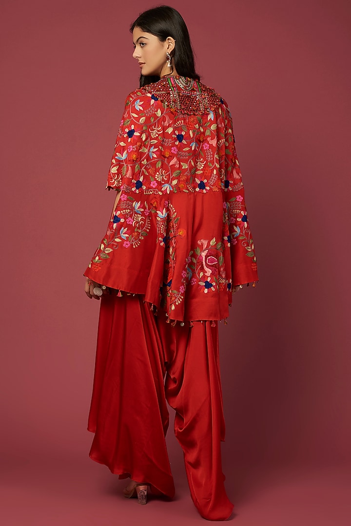 Red Dupion & Silk Embroidered Cape Set by Minaxi Dadoo at Pernia's Pop Up Shop