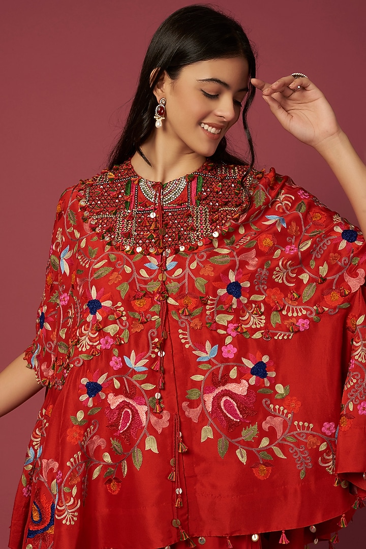 Red Dupion & Silk Embroidered Cape Set by Minaxi Dadoo at Pernia's Pop Up Shop