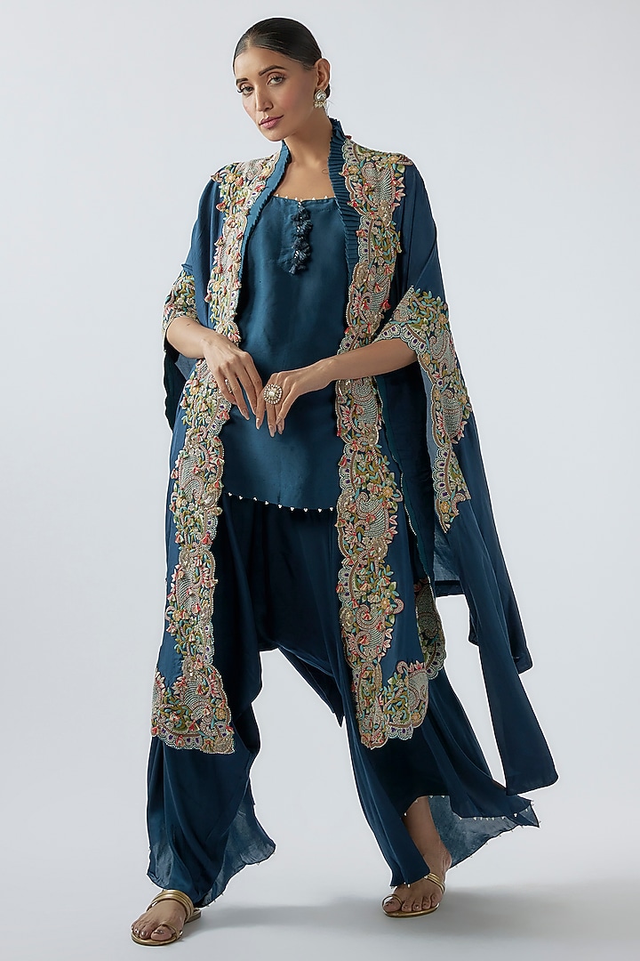 Peacock Blue Dupion Embroidered Cape Set by Minaxi Dadoo at Pernia's Pop Up Shop